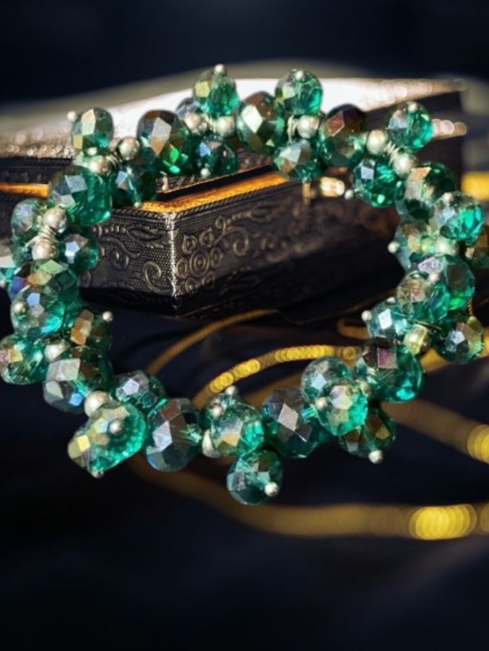 Emerald Green Aurora Borealis Iridescent Crystal & Silver Cluster Bracelet